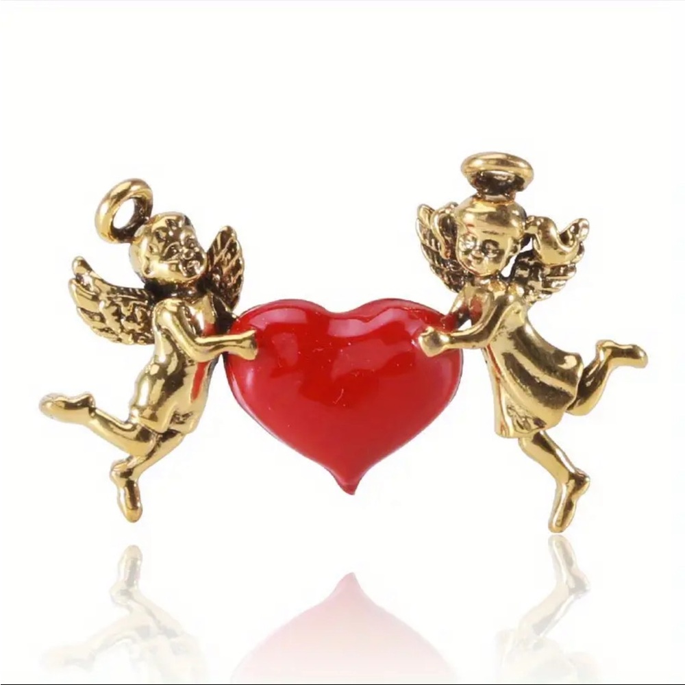 Brooch- 2 angels holding center heart, NIP, approx 2.1x1.3”, comp display case